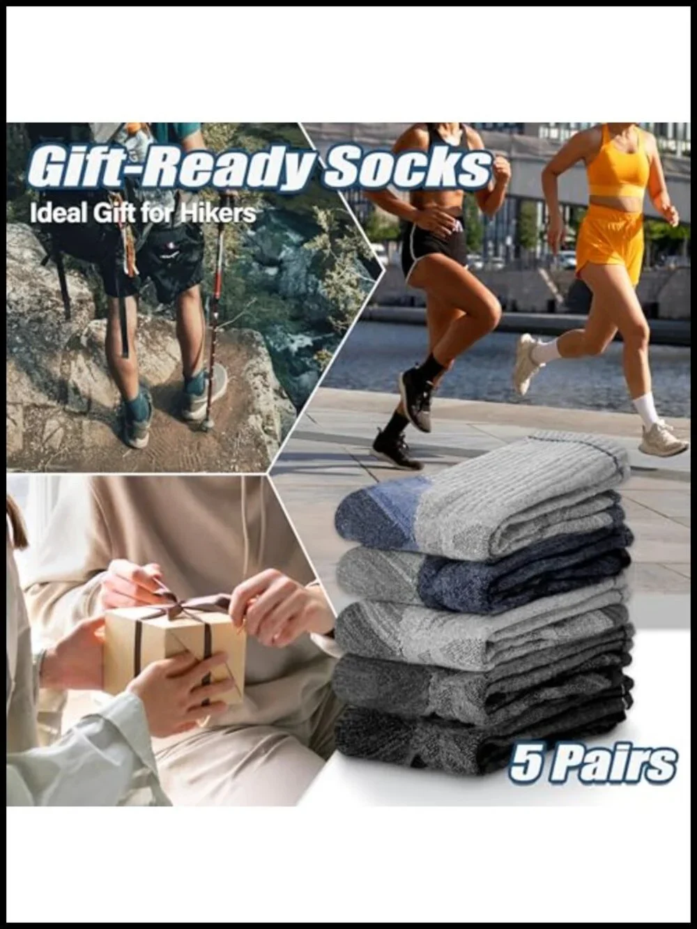 Merino Wool Hiking Socks 5 Pairs Men Women Thermal Moisture Wicking Crew